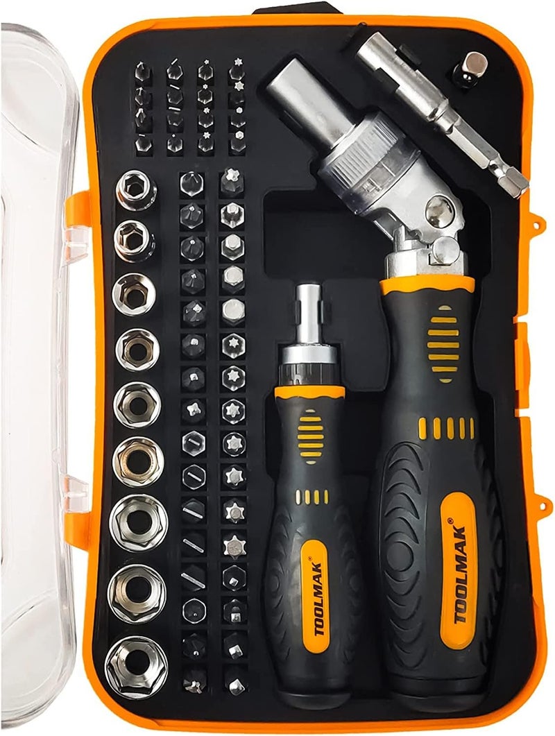 TOOLMAK 61pcs Ratcheting Screwdriver Set,Socket Set,Precision Screwdriver Bit Set with Rotatable Ratchet Handles ＆ Storage Case,Household Repair Tool Kits for Bike Watches and glasses,phones etc - Image 1